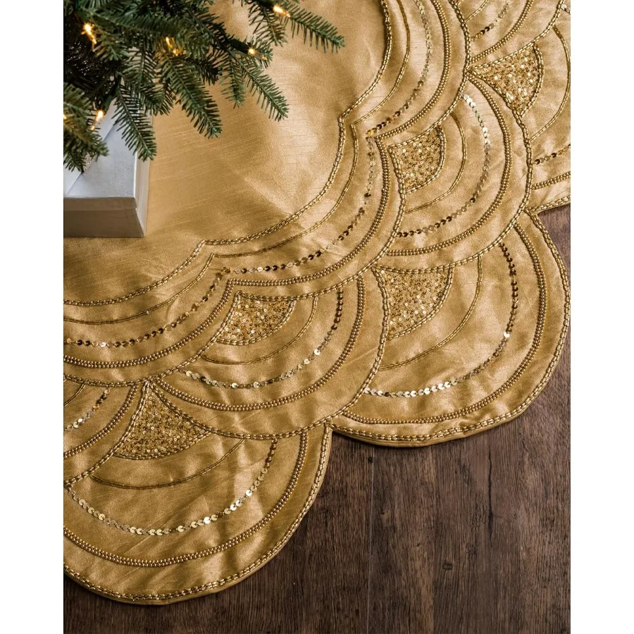 Elizabeth Beaded Christmas Tree Skirt - Cranberry Silver Gold Luxury Tree Skirts with Hand-Applied Beads for Tree Decor Gold 60