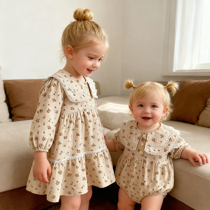 2023 herbst Baby Body Schwestern Kleid Infant Mädchen Kleinkind Outfit Baby Mädchen Strampler Blume Prinzessin Kleid Familie Schwester Kleid