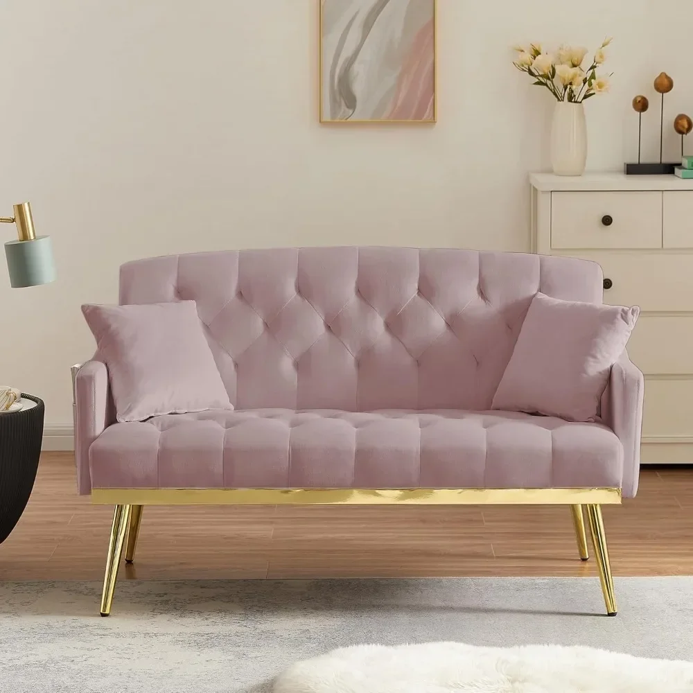 

55-Inch Modern Velvet Loveseat Sofa with Gold Metal Legs & Side Pockets, Tufted Backrest, Perfect for Living Room, Bedroom, or O