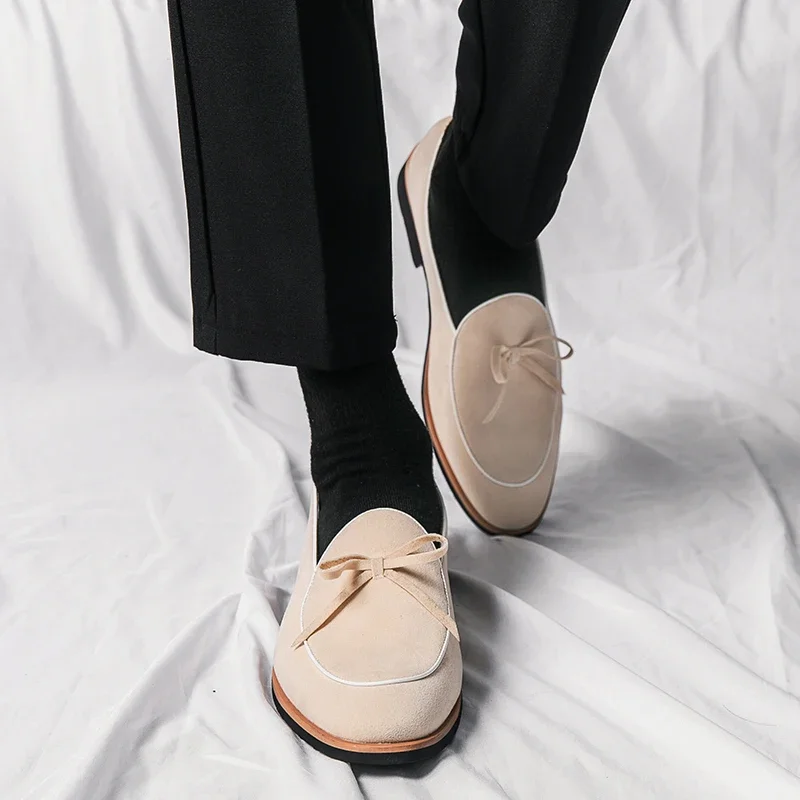 New Flock Loafers for Men Tassels Mens Dress Shoes Round Toe Solid Slip-On Spring Autumn Business Men Shoes Size 38-44