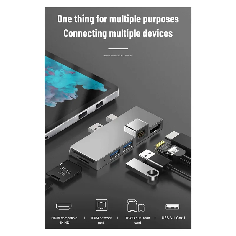 USB3.1 USB-C Hub Docking Station Gen1 4K -Compatibele SD/TF-kaartlezer RJ45 6In1 Converter voor Microsoft Surface