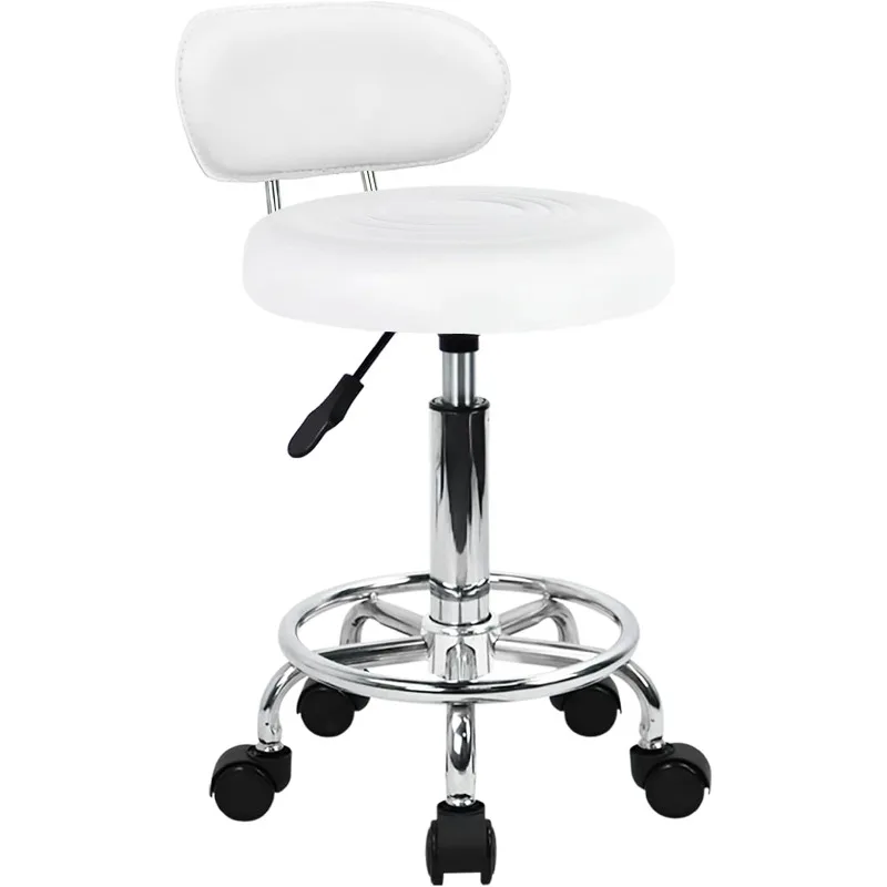 PU Leather Modern Rolling Stool with Low Back Height Adjustable Work Salon Drafting Swivel Task Chair with Footrest (White)