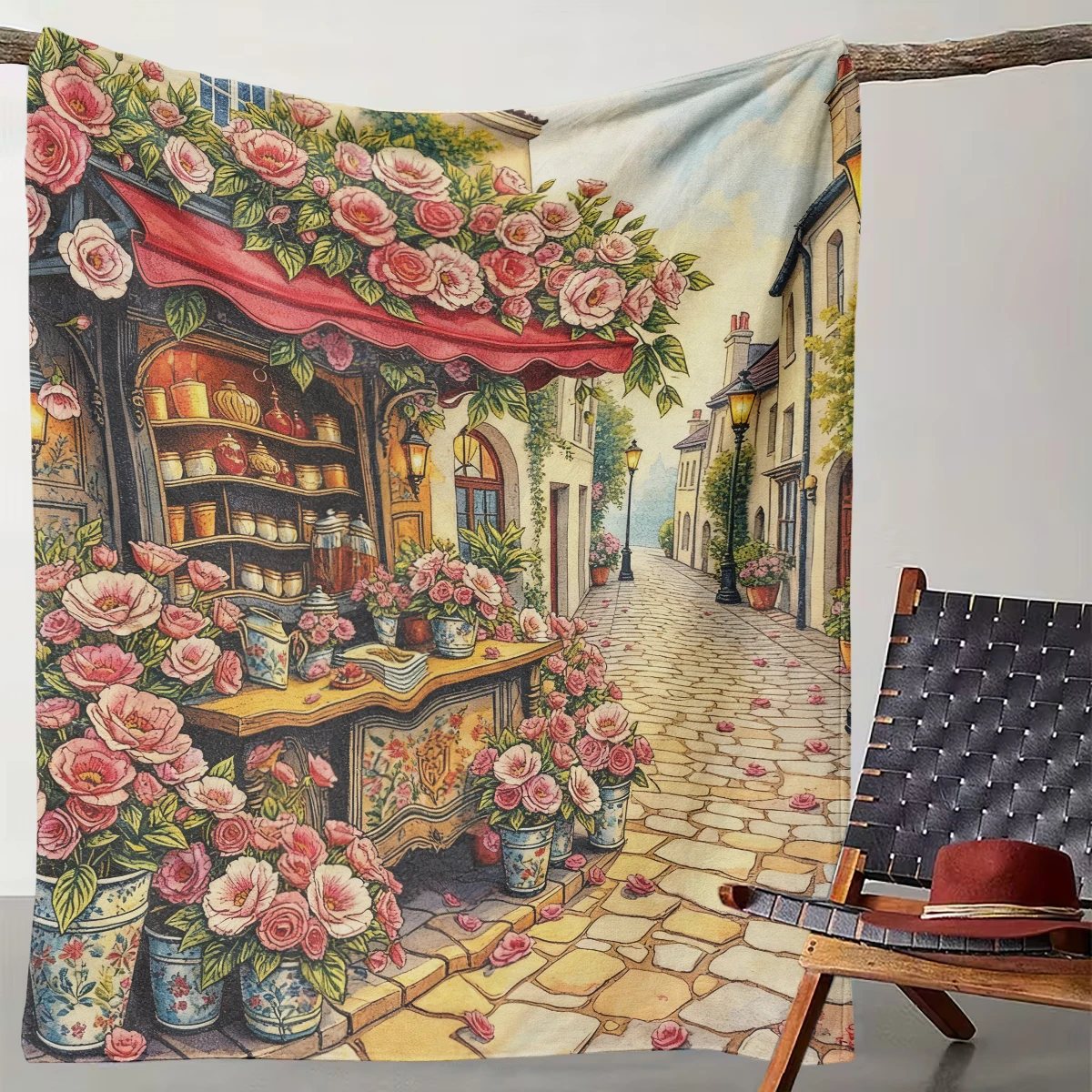 

1 Piece of Flower Lane Warm Breeze European Flower House Town Blanket Suitable for Camping Living Rooms Offices Chairs and Beds