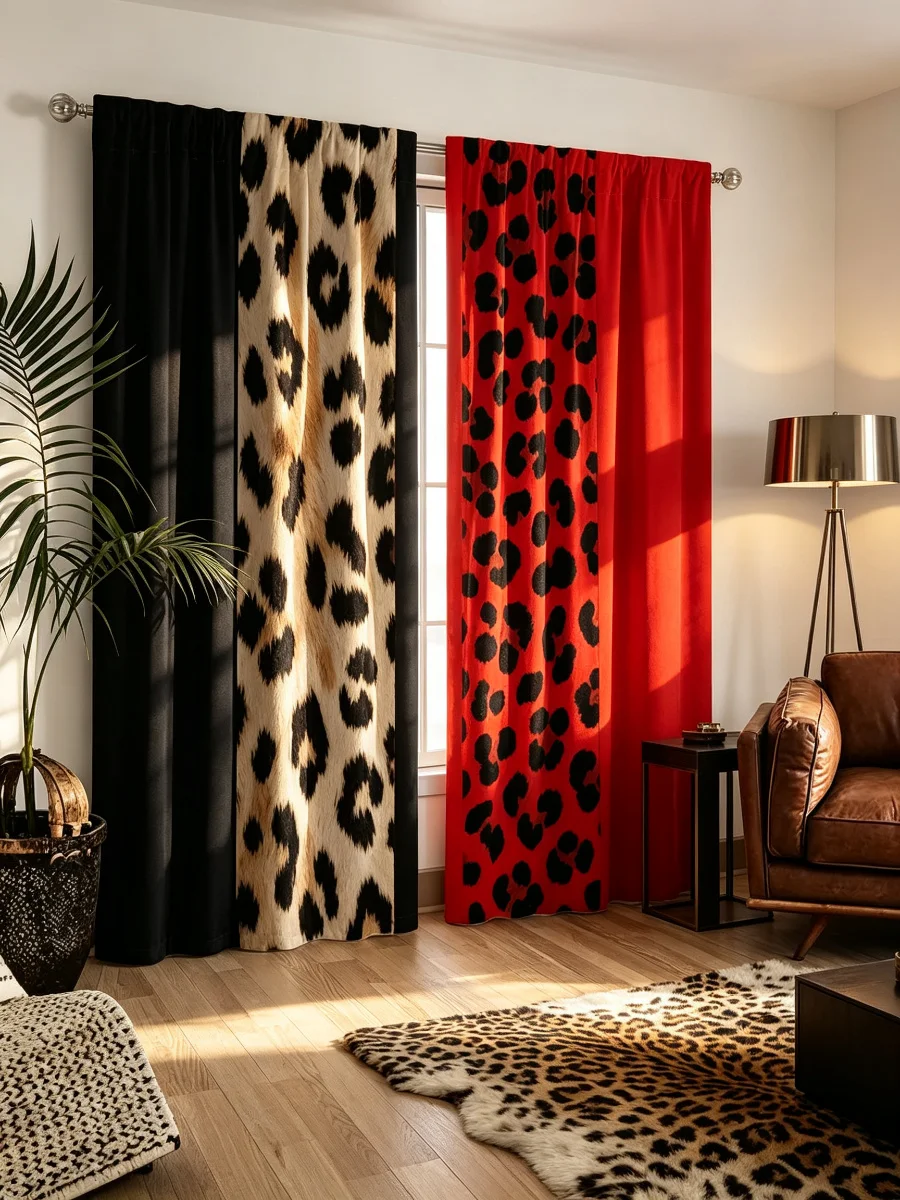 2PCS Digital Print Curtains, Leopard Print Red Black Stripe, Bold Color Block Rod Pocket Drapes for Bedroom Living Room Decor