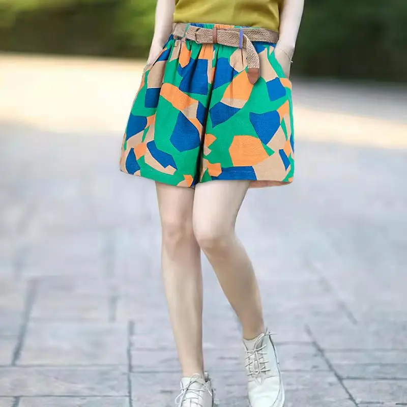 

Retro Summer Shorts for Women 2026 Trendy Cotton Linen Elastic Waist Korean Style Printed Flare Pants High Waist Comfy Outfit