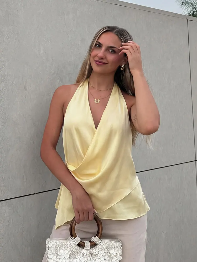 HH Women Elegant Satin Halter Neck Top With Draped Cowl Neck Asymmetric Hem Blouse for Woman Summer Casual Party Yellow Tops