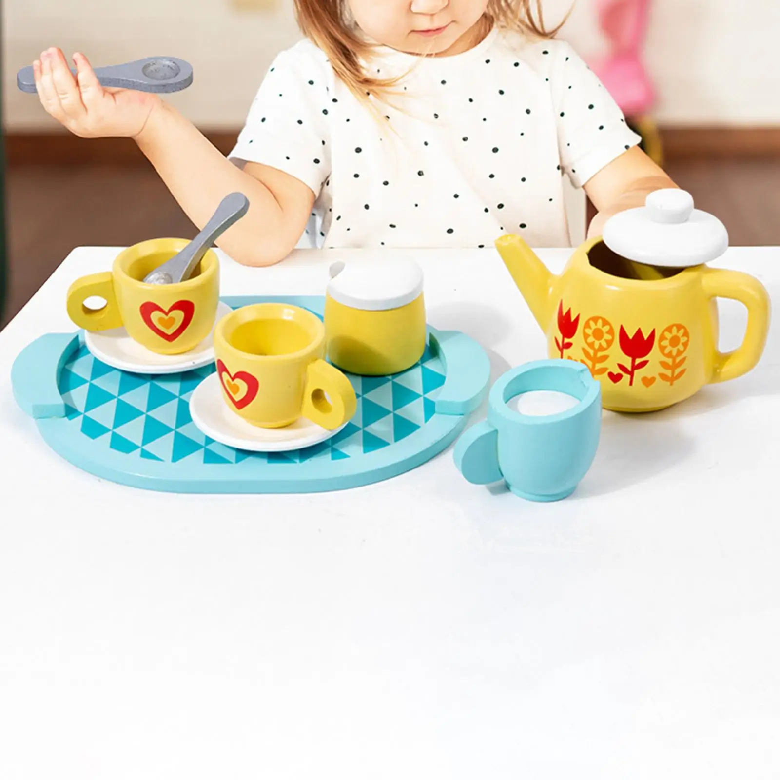 8 Pieces Wooden Toy Tea Party Tableware for Tea Set Play Toy