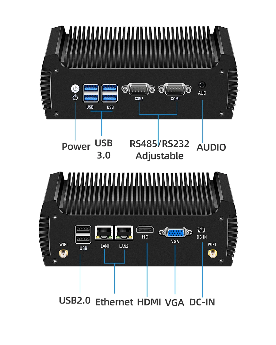 Fanless industriële mini-pc Intel Core 6e 7e 8e CPU's 2x COM RS232 RS485 2x GbE Win10/11 Linux 4G SIM WiFi GPIO TPM-uitbreiding