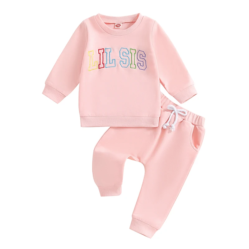 Toddler Girl Sister Matching Outfits Letter Embroidered Crew Neck Long Sleeve Sweatshirts and Long Pants 2Pcs Clothes Set