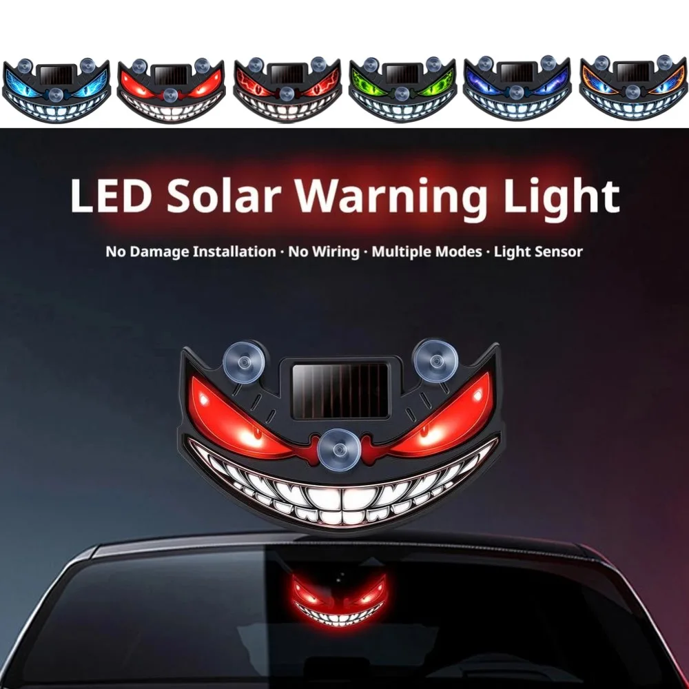 Solar Powered Car Dynamic Demon Eye LED Expression Warning Light Windshield Suction Auto Warning Light Strobe Car Accessories