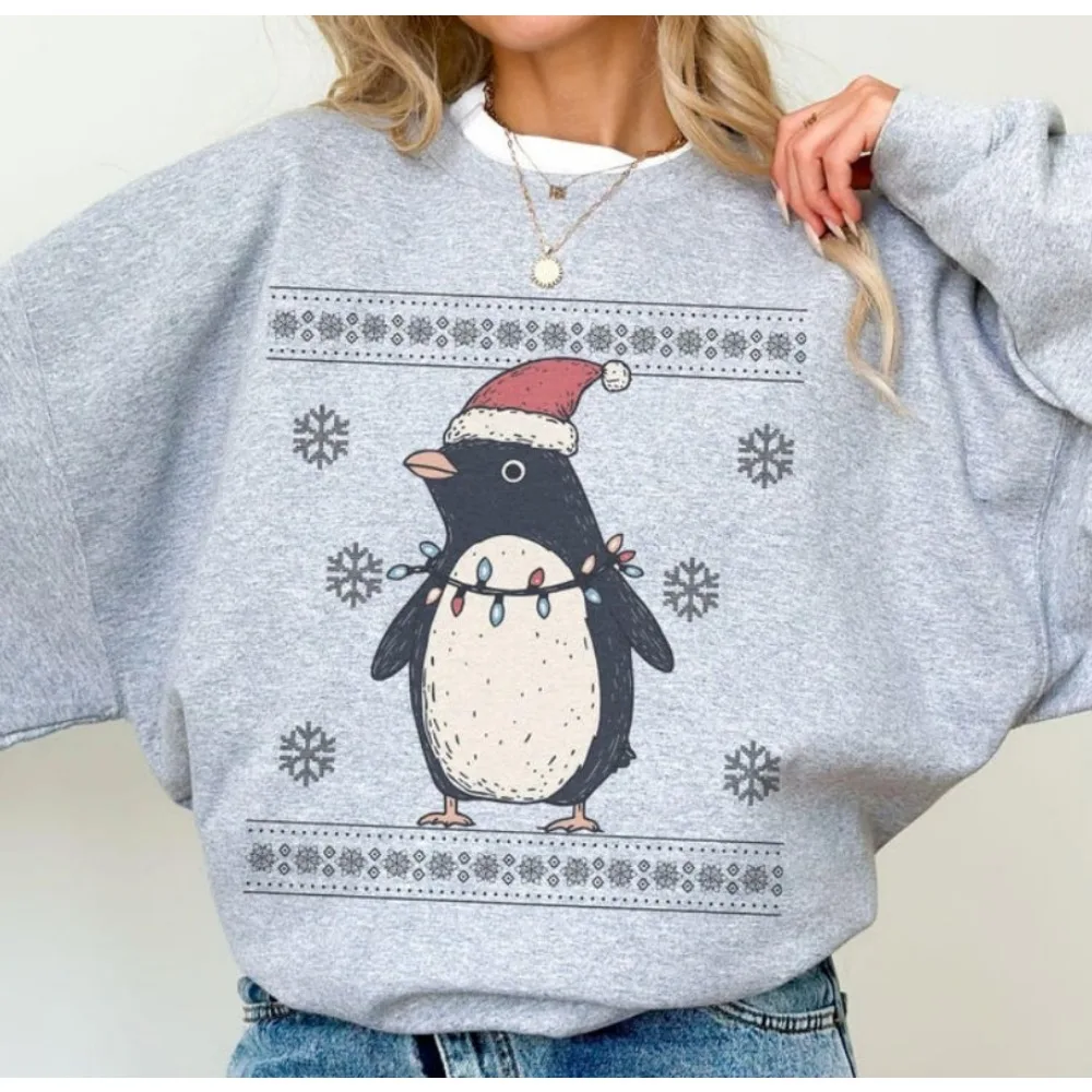

Cute Penguin Christmas Sweater Women Boho Xmas Sweater Holiday Apparell Kawaii Pengu Christmas Hoody Winter Warm Hoodie Clothes