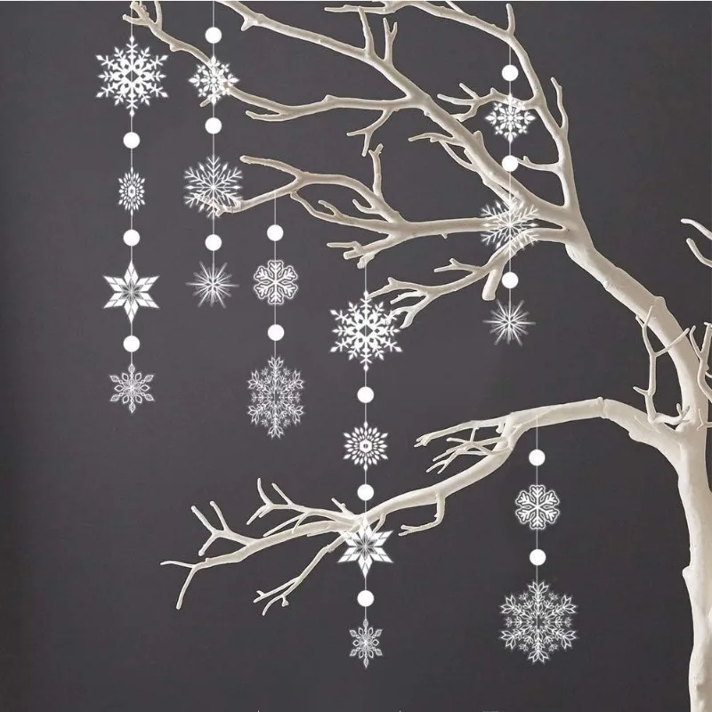 4Strings Winter Wonderland White Clear Snowflake Garland Kit Hanging Snow Flake for Christmas New Year Party Decoration for Home