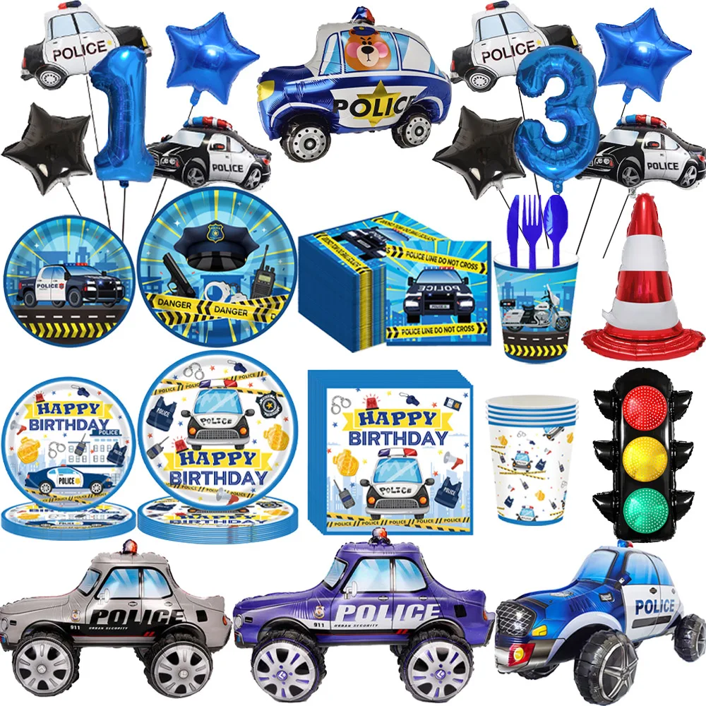 Polizei-Party-Deko Einweggeschirr Teller Becher Servietten Polizeistation Auto Stehender Ballon Polizei Kindergeburtstag Party-Zubehör