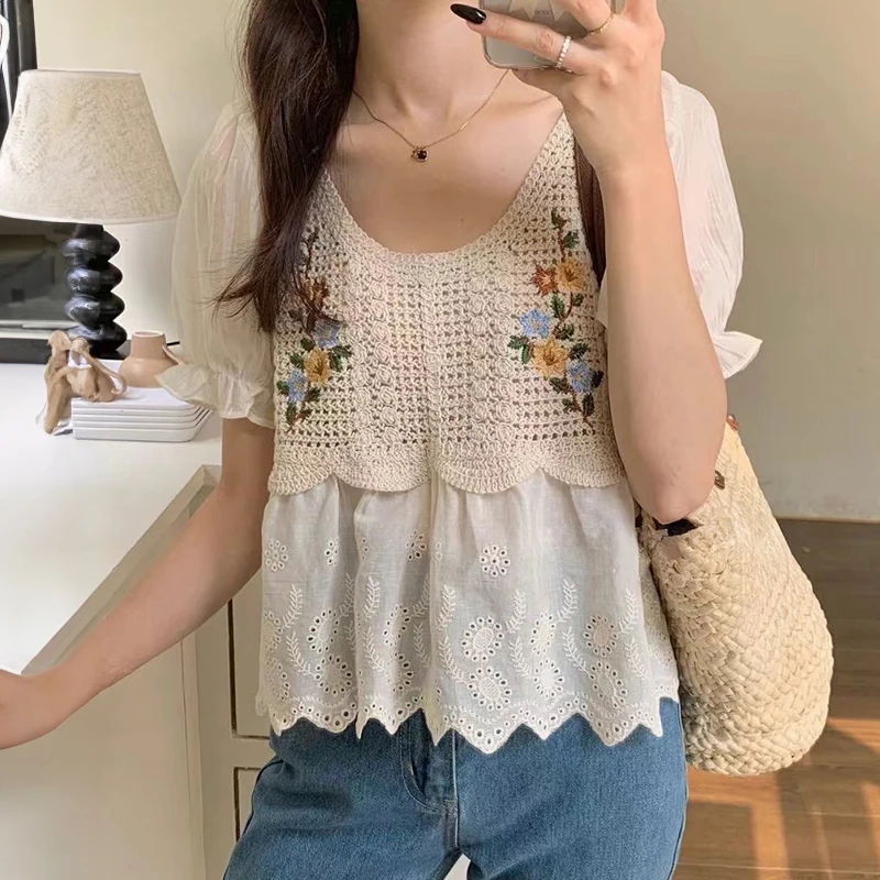 Floral Embroidery Crochet Tank Blouse Eyelet Lace Puff Sleeve Babydoll Top Women Teengirl Summer Fairycore Cottagecore Outfit