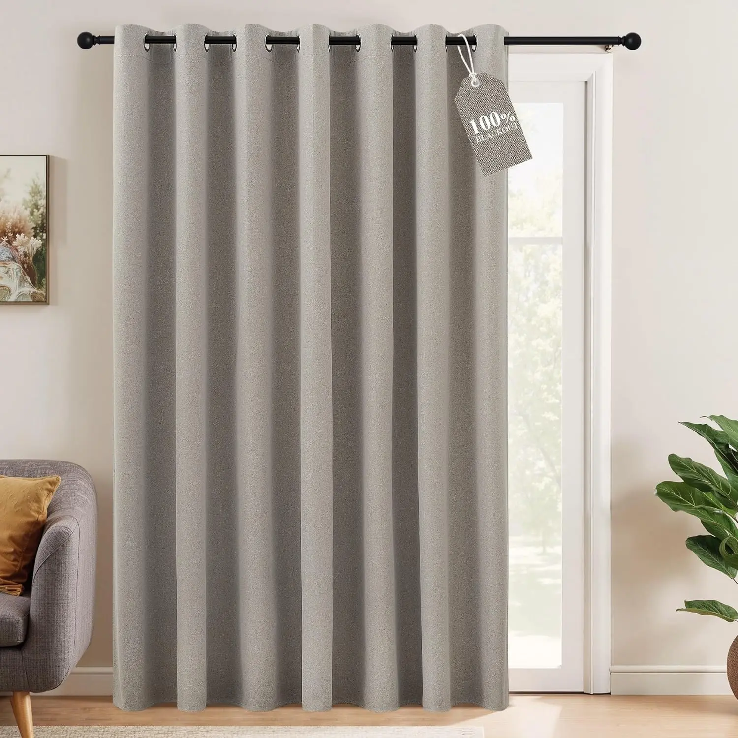 

Linen Blackout Curtain 100 inches, Thick Textured Linen Look 100% Blackout Patio Door Curtain Grommet Top, Extra Wide T