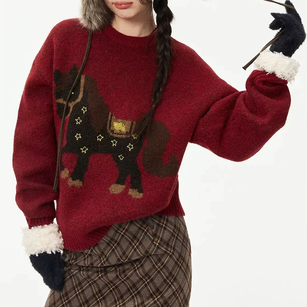 

New pony knitted sweater 2025 autumn and winter loose and lazy couple red pullover sweater women