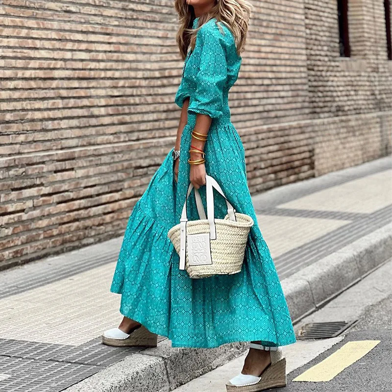 

New 2023 Half Sleeve Print Summer Dress Women Elastic Waist Single Breasted Lapel Shirt Dresses Casual Loose Pleated Long Dress