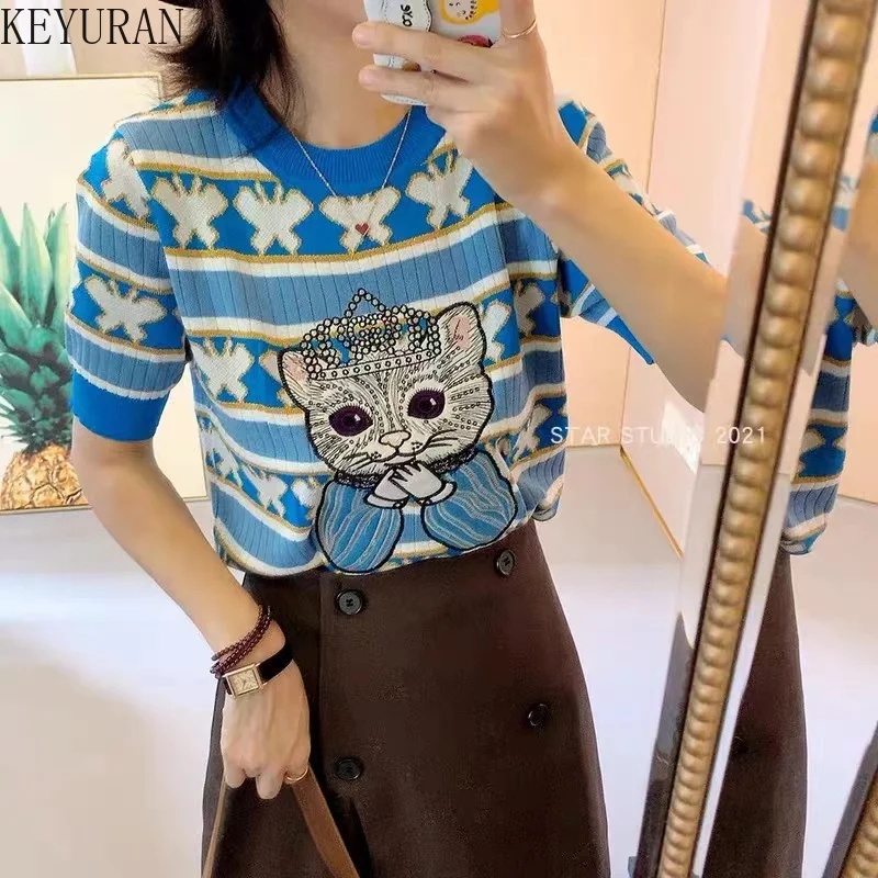 Embroidery Cat Sequins Striped Butterfly Knitted T-Shirts Women 2024 Summer Short-sleeved O-neck Hollow Out Thin Sweater Blue