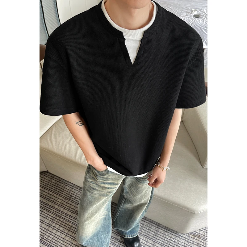 Men's Summer Y2K Streetwear T-Shirt American Style Loose Fit V Notch Short Sleeve Casual Fashion Popular Young Outdoor Top