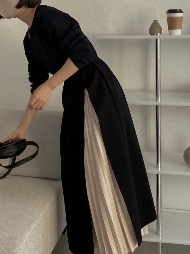 Ele Chic Dzianinowa Sukienka Midi Damska z Okrągłym Dekoltem, Zdobiona Plisami w Talii, Długa, Jednoczęściowa, Ekskluzywna Oferta Online