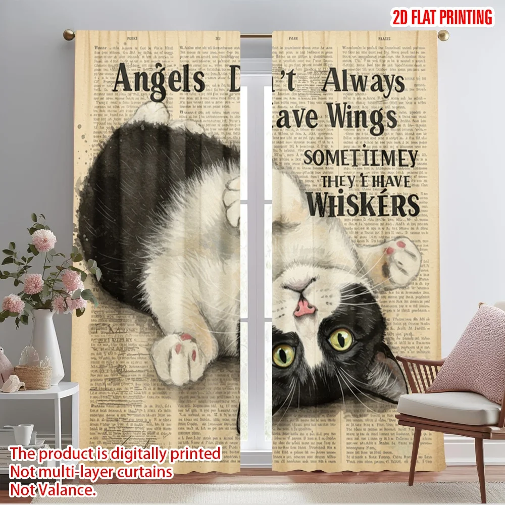 

2pcs 2D flat printing Party Curtains Angels Have Whiskers Cat Polyester Without Electricity Festive Holiday for New Year and