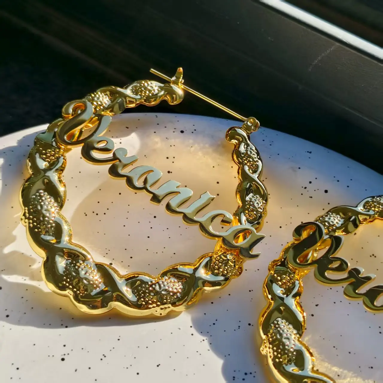 

DHQH New Wholesale 30mm-100mm Custom Letter/Name Bamboo Earrings Customize Name Earrings Stainless Steel Custom Big Earring Gift