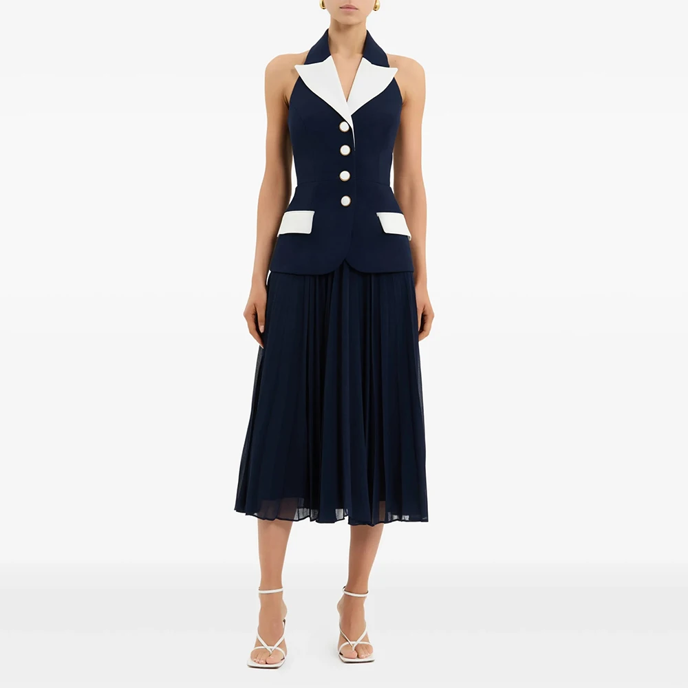 

Customized Modern Formal Party Dress V Neck Backless Navy Blue Cocktail Gown Midi Buttons Tea Length A Line Cocktail Dress Short