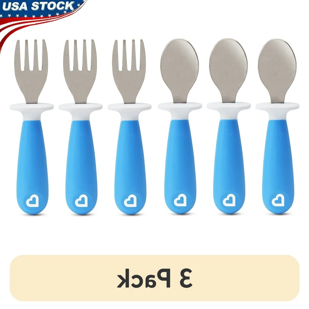 

Ergonomic Toddler Fork and Spoon Set Self-Feeding Utensils with Base to Keep Tips Clean 6 Pack Kids 12 Months and Up