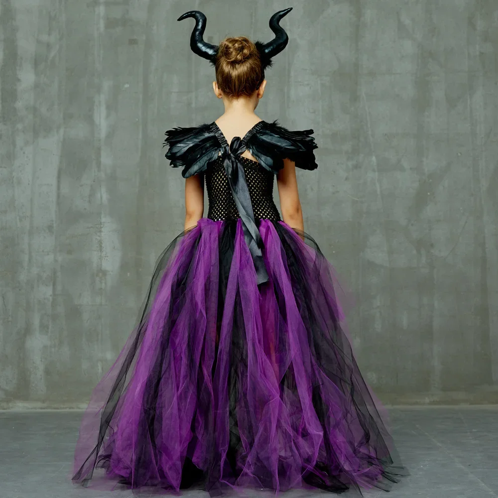 Kinder-Federkleid mit Schulterverzierungen, Gothisches Kleid für Mädchen, Lila-Schwarzes Netz-Tüllkleid für Halloween-Verkleidungspartys – Detail 8