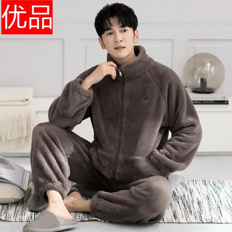 Men's Coral Fleece Pajamas Thickened Flannel Home Clothes Set Autumn Winter Style Long Sleeve Warmth Guarantee Home Scence