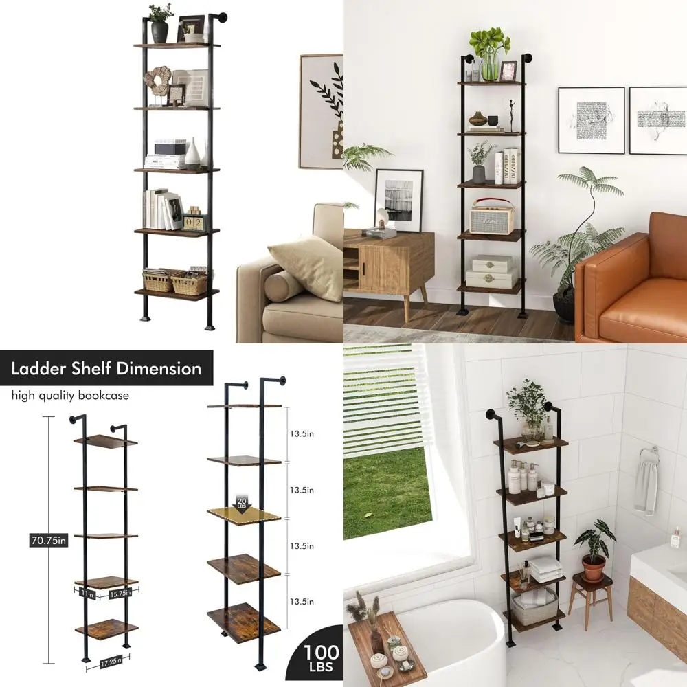 

Industrial-Style 5-Shelf Tall Narrow Bookcase, Space-Saving Storage for Living Room, Office, and Study, Black Metal Frame with R