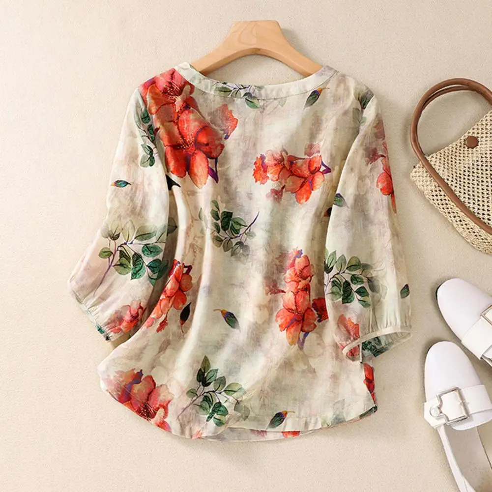 

Bohemia Style Beach Shirt Bohemian Style Floral Print Shirt for Women Breathable Cotton Linen Blend Blouse with Round for Women