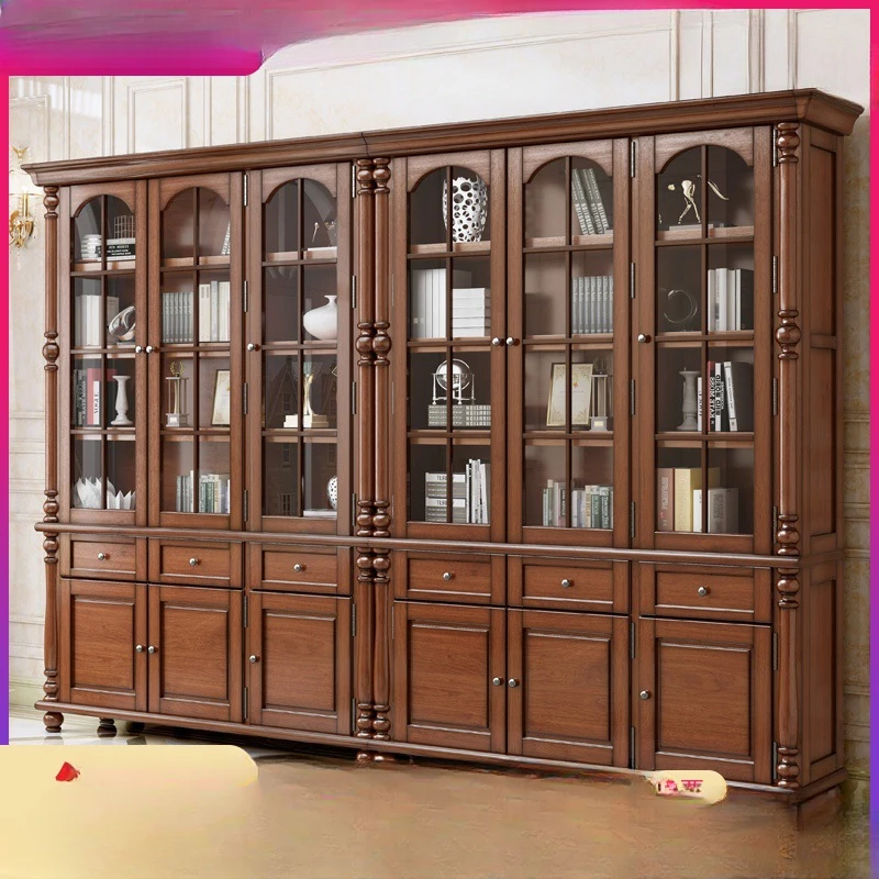 American style solid wood free combination bookshelf, study room, floor to ceiling natural wood bookshelf, Chinese style storage