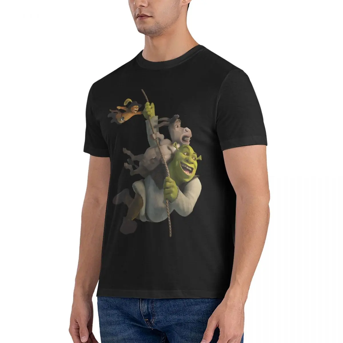 Donkey And Puss In Boots From Movie T-Shirts for Men Shrek Vintage 100% Cotton Tee Shirt Crew Neck Short Sleeve T Shirts Gift