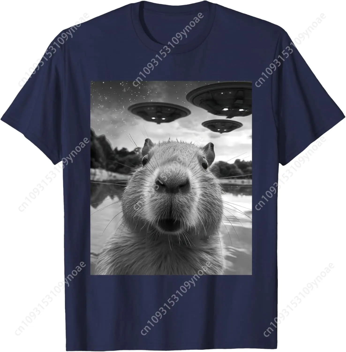 Funny Graphic Capybara Selfie with UFOs Weird TShirt Man Women Cotton Tee Soft Shirt Breathable Amusing Top Short Sleeves