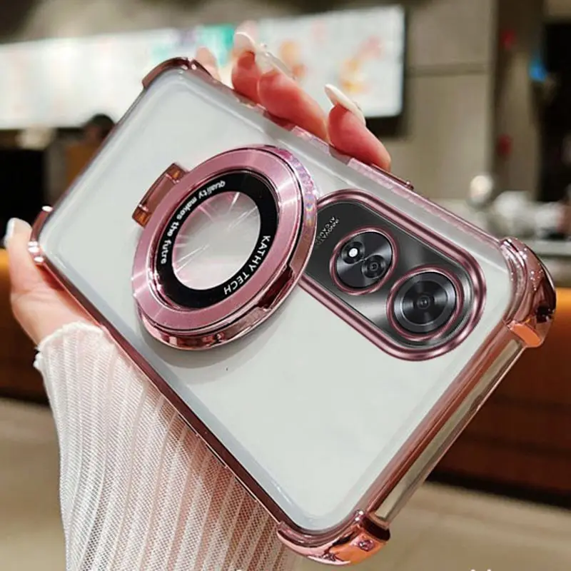 Hollow Portable Round Transparent Luxury Ring Phone Holder Case On For Oppo A60 4G Girl Woman Used Anti-knock Stand Back Cover
