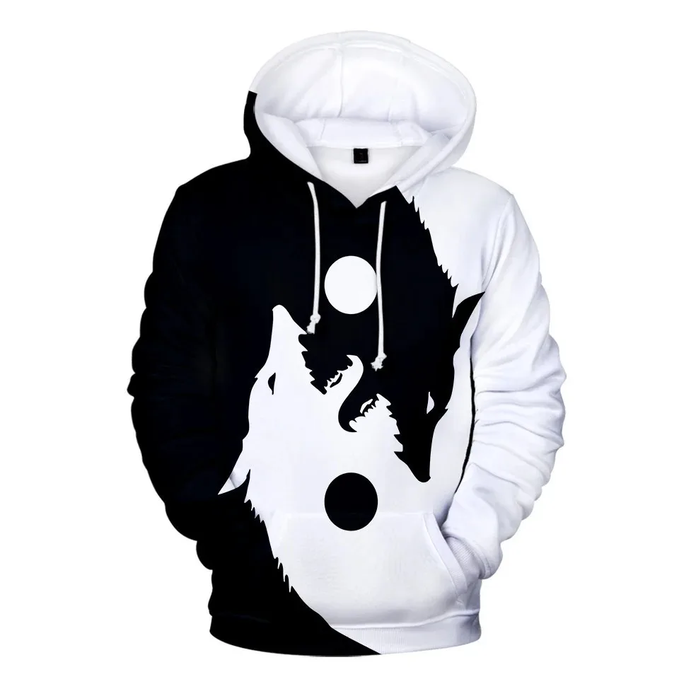 Tai Chi Wolf Hooded Sweatshirt for Men and Women, Hip Hop Hooded Casual Sweatshirt, Black and White Sweatshirt, Yin Yang Jacket