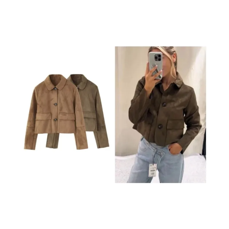 

Women Faux Suede Cropped Jacket With Pocket Autumn Long Sleeve Women's Jacket Casual Simple Female Jackets