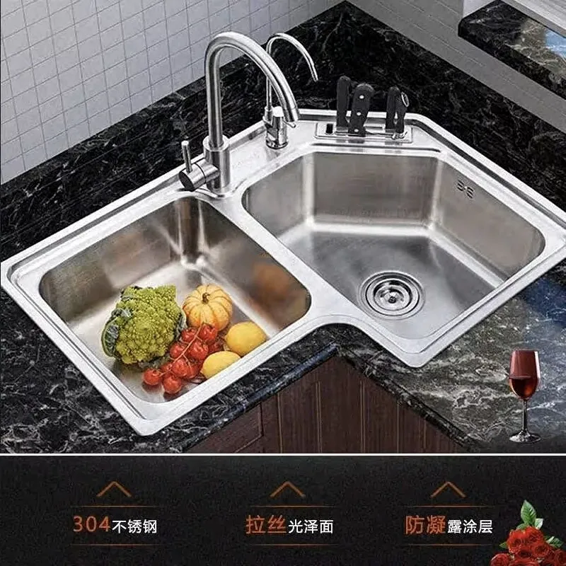 

Modern Stainless Steel Corner Kitchen Sinks Home Double Slot Wash Basin Balcony Shaped Brushed Kitchen Sink Kitchen Accessories