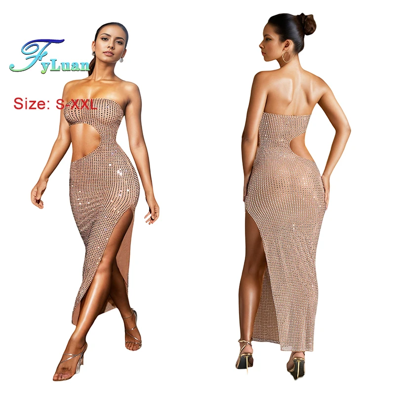 Summer Cut Out Waist Strapless Sexy Side Split Crystal Rhinestones Long Maxi Dress Sexy Side Split Crystal Women's Long Dress