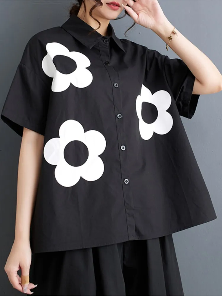 Oversized Spring Summer Flower Print Shirt Tops Women Short Sleeve Modis Casual Loose Ladies Cropped Blouses Pleated Woman Shirt