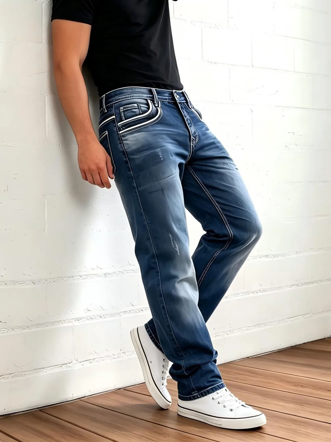 【HME】Men's Jeans | Decorative White Stitching Denim Pants For Men, Dark Gradient Washed Denim Trousers, Loose Straight Leg Cut, Faint Distressed Details, Classic 5 Pockets, Button Zipper Fly, Street Style Male Casual Denim Bottoms