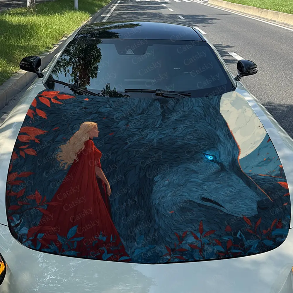 

Red Dress Girl And Blue Eyed Wolf Car Hood Sticker, Splash Proof PVC, Easy To Disassemble, Waterproof And Scratch Resistant, Sel