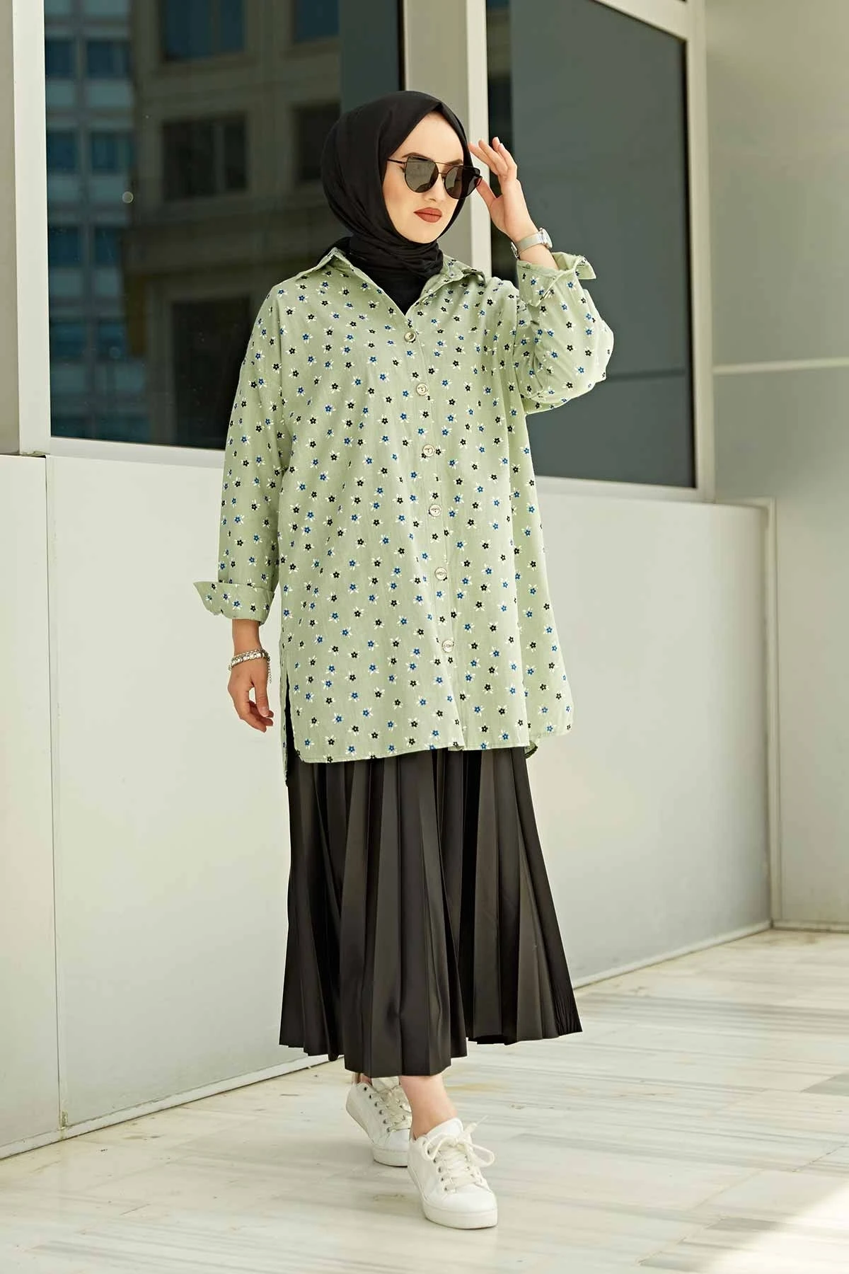 Flower Pattern Shirt MD- Mint Winter Autumn 2021 Muslim Women Hijab headscarf islamic Turkey