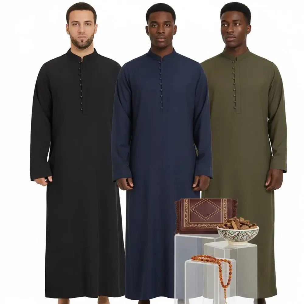 رداء إسلامي للرجال، صورة ظلية فضفاضة بياقة واقفة ورقبة دائرية، ملابس تقليدية عربية كلاسيكية في الشرق الأوسط للارتداء اليومي