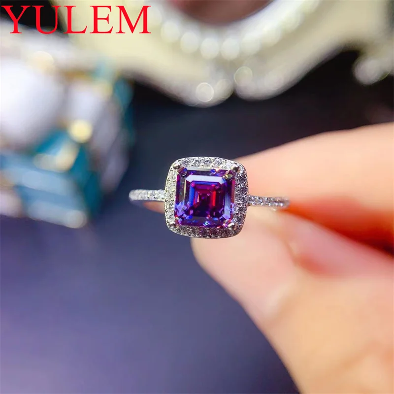 

YULEM Asscher Cut 1ct Purple Moissanite Engagement Ring VVS Grade 925 Sterling Silver Wedding Women's Promise Ring