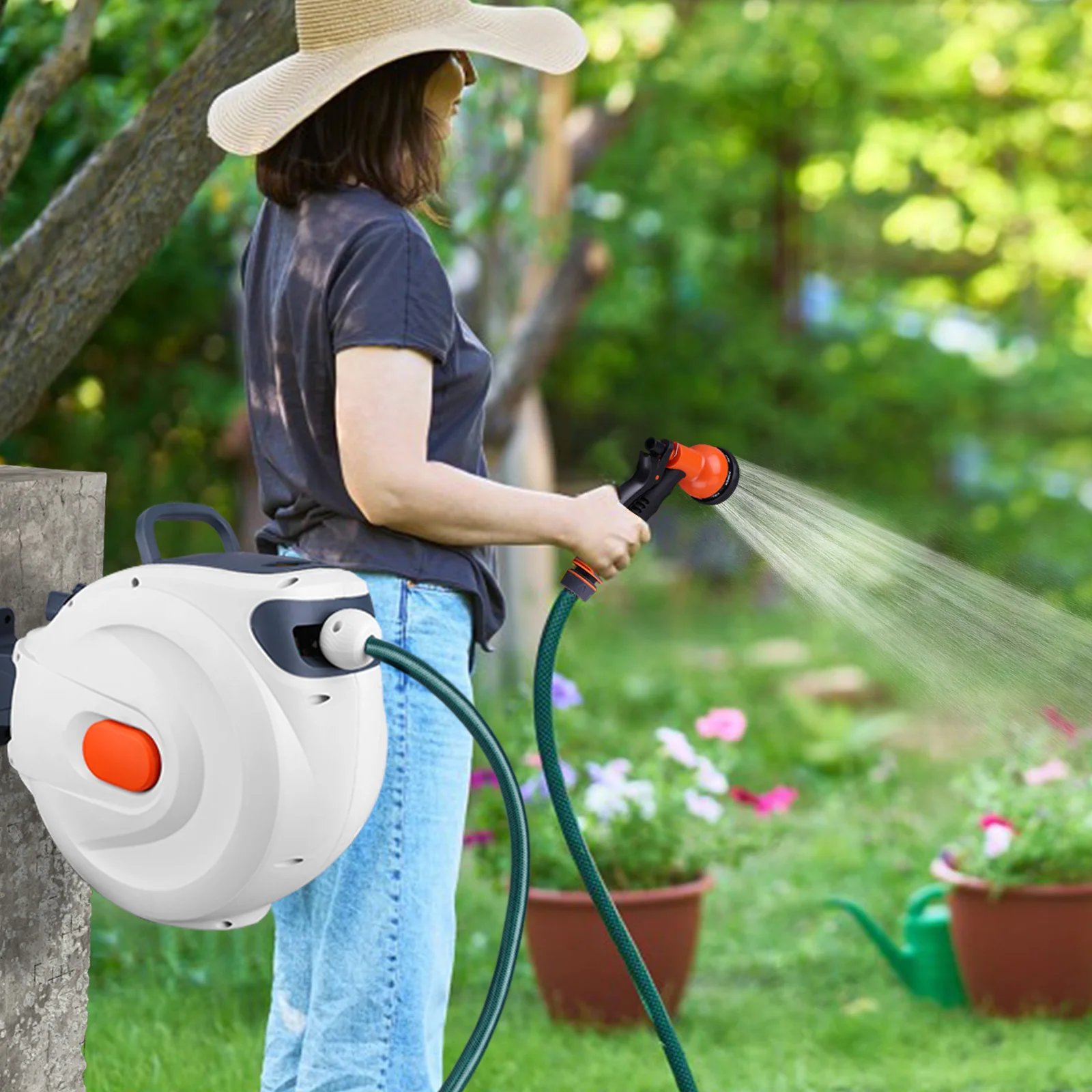 

65 Ft Retractable Garden Hose Reel Automatic Hose Reel Slow Return System Telescopic Water Hose Reel 2 Modes for Garden Watering