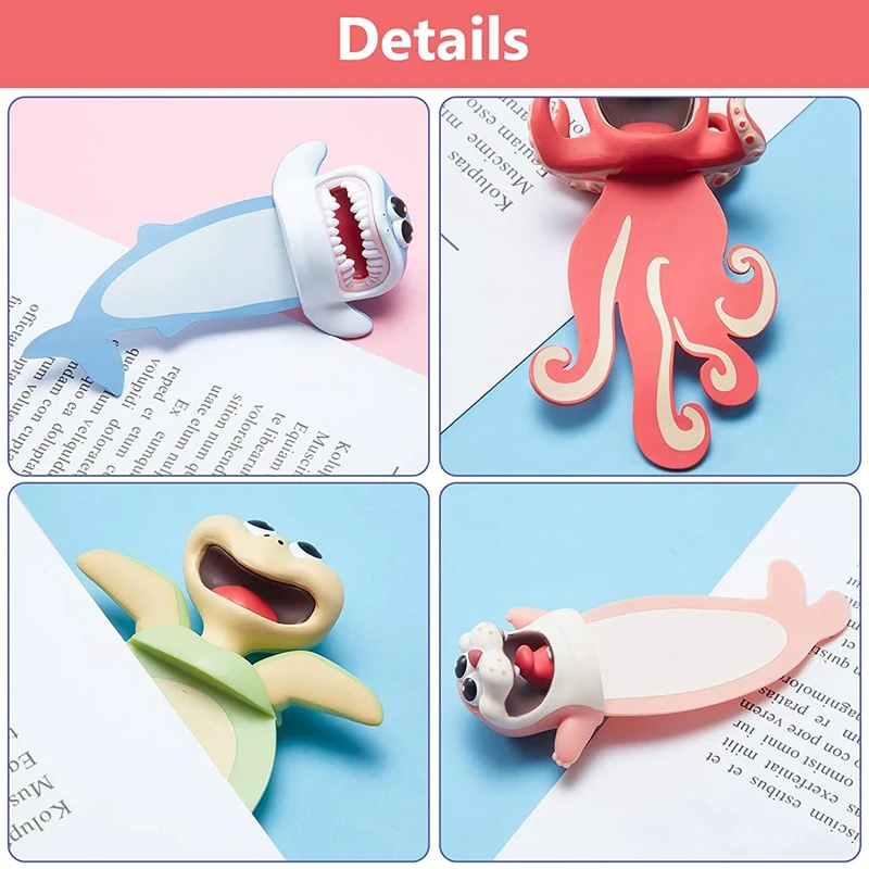 4 Pcs Funny Wacky Bookmark More Fun Reading 3D Stereo Cartoon Lovely Ocean Animal Bookmark Reading Gift For Kids/Adults