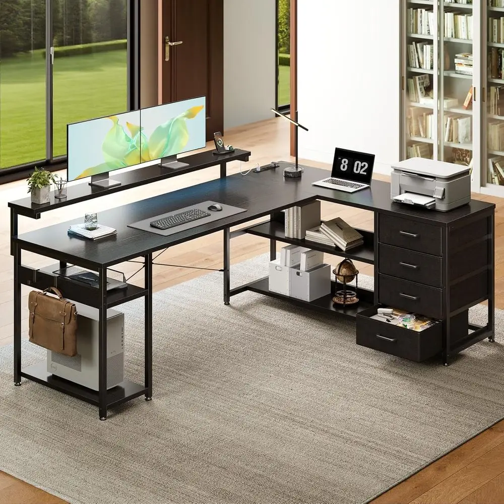 61 L-Shaped Desk, Computer Desk with Power Outlets and LED Lights, Reversible for Gaming or Office, Monitor Shelf Included, Blac