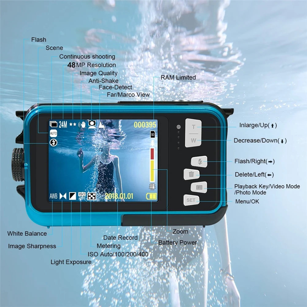 48MP Waterproof Camera 1080P 4K/30FPS Underwater Cameras IPS Dual Screen Face Detection Autofocus for Swimming Parent-child Play